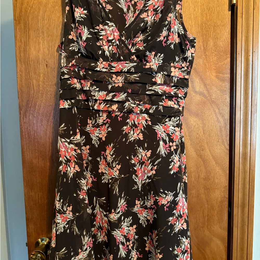 LOFT Brown and Pink Floral Midi Dress